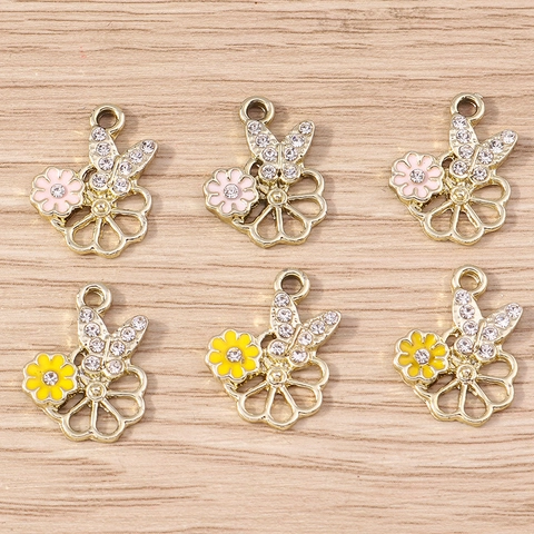 Alloy Rhinestone Butterfly Flower Pendants Enamel Gold Plated DIY Jewelry Findings Accessory For Earrings Bracelets Necklace