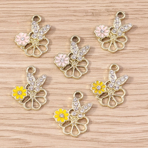 Alloy Rhinestone Butterfly Flower Pendants Enamel Gold Plated DIY Jewelry Findings Accessory For Earrings Bracelets Necklace