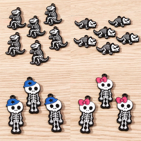 Cartoon Dinosaur Skeleton And Skull Girl Enamel Alloy Pendants For DIY Jewelry Making Halloween Gothic Style Accessory