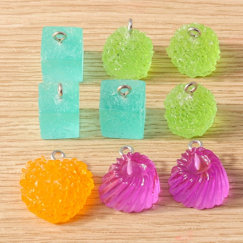 Breloques DIY en Résine de Fruits Gelée Simulation de Nourriture Pendentifs Forme de Cœur Coquille Cube pour Bijoux