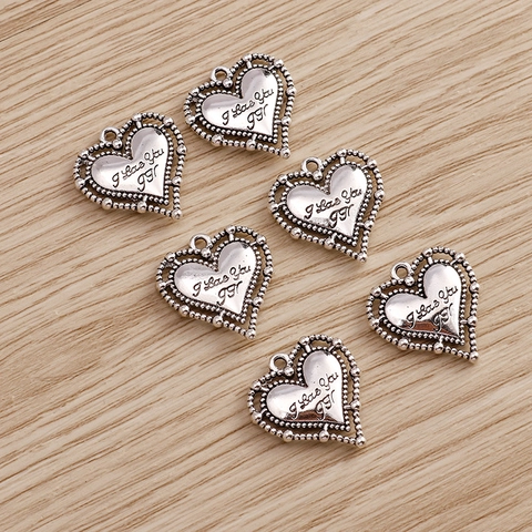 Ciondoli a Forma di Cuore in Lega di Zinco Vintage Charms Incisi I Love You per Creazione di Gioielli Fai da Te Collana Bracciale Orecchini