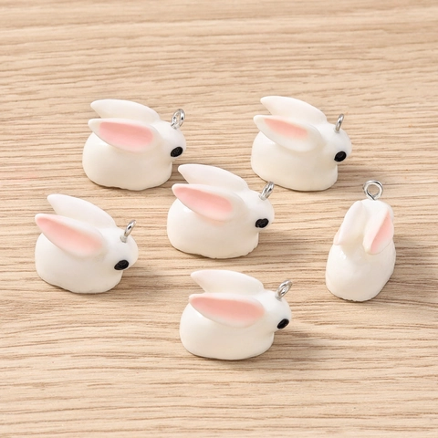 10Pcs DIY Cute 3D Rabbit Resin Pendants Charms With Metal Loop For Bracelet Necklace Jewelry Making White Pink Animal Accessories