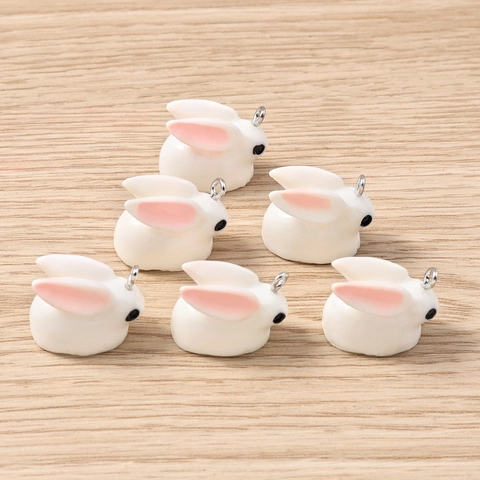 10Pcs DIY Cute 3D Rabbit Resin Pendants Charms With Metal Loop For Bracelet Necklace Jewelry Making White Pink Animal Accessories