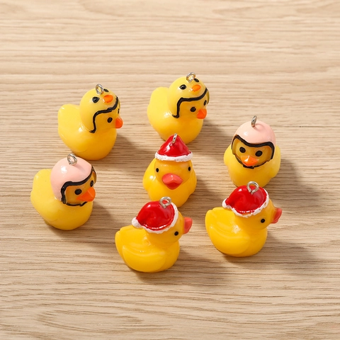 Cartoon Yellow Duck Resin Pendants With Metal Loop For DIY Jewelry Making Christmas Santa Hat Helmet Earring Accessory