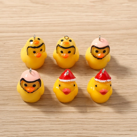 Cartoon Yellow Duck Resin Pendants With Metal Loop For DIY Jewelry Making Christmas Santa Hat Helmet Earring Accessory