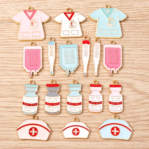 Nurse Medical Theme Alloy Enamel Charms For DIY Jewelry Making Nurse Hat Clothes Medicine Bottle Thermometer Pendants
