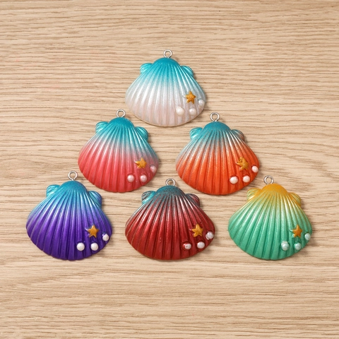 Gradient Shell Pendants With Gold Star Artificial Pearl Resin Charms For DIY Necklace Keychain Making Women Accessories