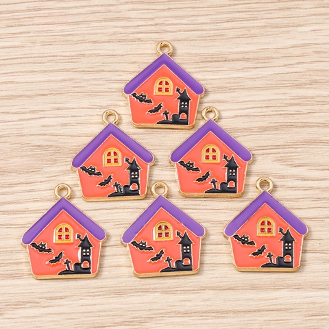 Halloween Castle House Enamel Alloy Charms Pendants For DIY Necklace Bracelet Jewelry Making Accessories Spooky Bat Ornament