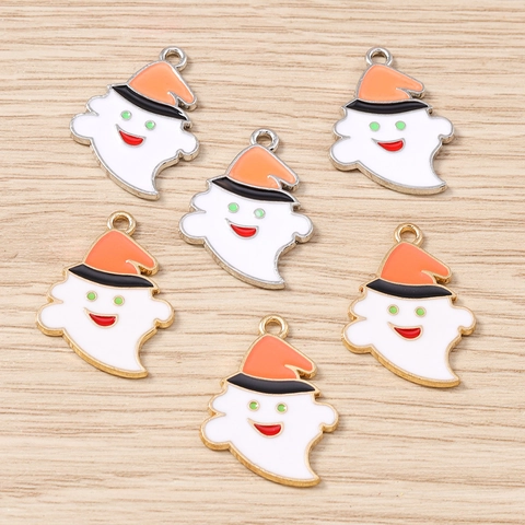 Halloween Cartoon Ghost With Witch Hat Pendant Charms Zinc Alloy Enamel DIY Jewelry Making Accessories For Keychain Craft