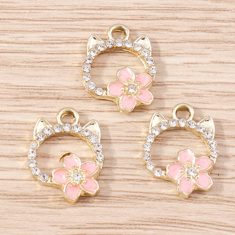 Alloy Cat Ear Cherry Blossom Charms With Rhinestone Enamel Sakura Pendants For DIY Jewelry Making Necklaces Earrings