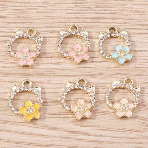 Alloy Cat Ear Cherry Blossom Charms With Rhinestone Enamel Sakura Pendants For DIY Jewelry Making Necklaces Earrings