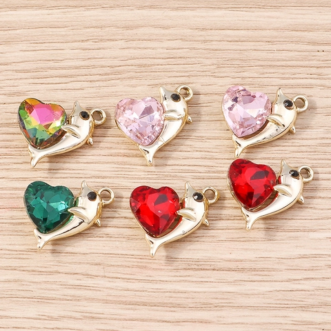 Ciondolo a Forma di Cuore con Delfino in Lega di Zinco Strass per DIY Produzione di Gioielli Collana Portachiavi Donna Gioielli Accessori