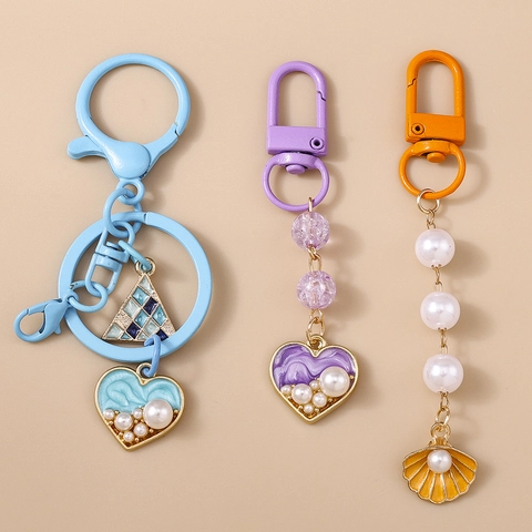 Fashion Colorful Enamel Heart Shell Keychain For Women Girl Painted Metal Bag Charm Artificial Pearl Beaded Keyring Accessory