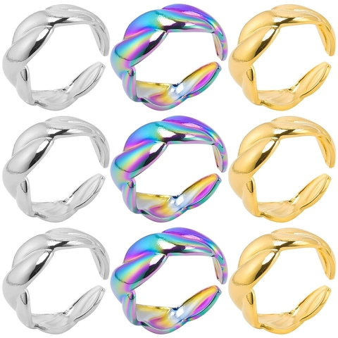 Retro Stainless Steel Twisted Rope Open Ring For Women Men Adjustable European Style Jewelry Gold Silver Iridescent Finger Ring