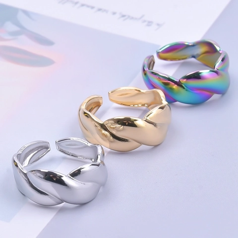 Retro Stainless Steel Twisted Rope Open Ring For Women Men Adjustable European Style Jewelry Gold Silver Iridescent Finger Ring