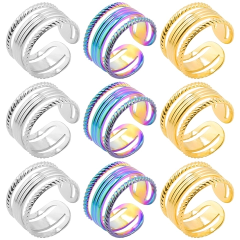 Vintage Multi Layer Stainless Steel Ring For Women Men Twisted Rope Adjustable Minimalist Hollow Out Band Jewelry