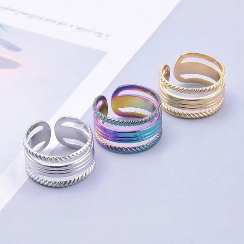 Vintage Multi Layer Stainless Steel Ring For Women Men Twisted Rope Adjustable Minimalist Hollow Out Band Jewelry