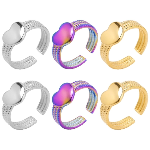 Anillo de Acero Inoxidable Ajustable de Corazón Vintage Diseño Liso Texturizado Oro Plata Arcoíris Joyería de Moda para Mujer
