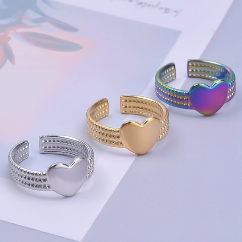 Anillo de Acero Inoxidable Ajustable de Corazón Vintage Diseño Liso Texturizado Oro Plata Arcoíris Joyería de Moda para Mujer