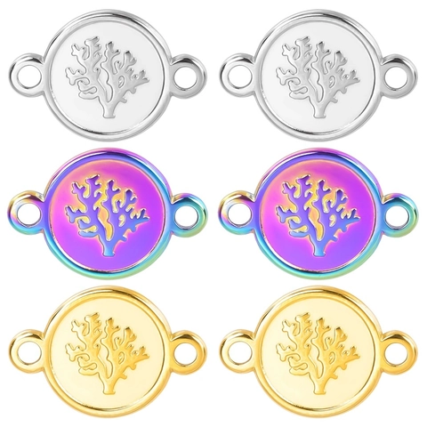 Stainless Steel Tree Coral Round Pendant Connector For DIY Necklace Bracelet Jewelry Making Accessories Rainbow Gold Silver Plate
