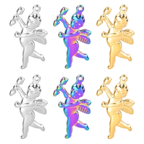 Stainless Steel Cupid Angel Pendant For DIY Necklace Jewelry Making Electroplated Gold Silver Rainbow Color Charms