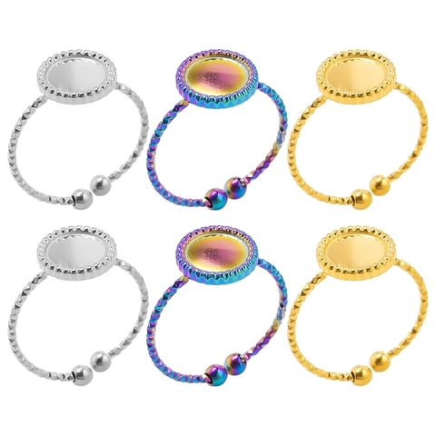 Anillo de Acero Inoxidable DIY Ajustable Base Bandeja Redonda Textura Geométrica Oro Plata Arcoíris para Mujer