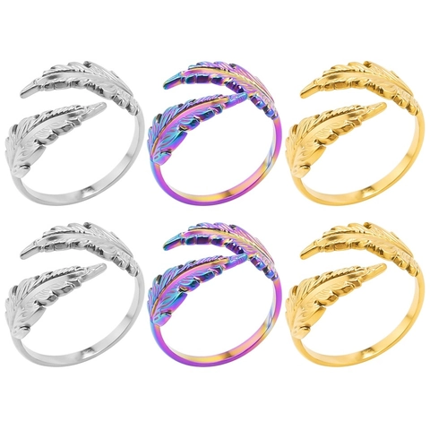 Anello Aperto in Acciaio Inossidabile Vintage Piuma Regolabile con Trama a Foglia per Uomo Donna Gioielli di Moda Minimalisti