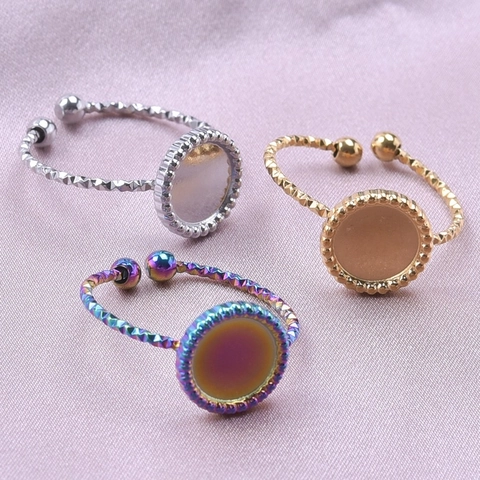 Anillo de Acero Inoxidable DIY Ajustable Base Bandeja Redonda Textura Geométrica Oro Plata Arcoíris para Mujer