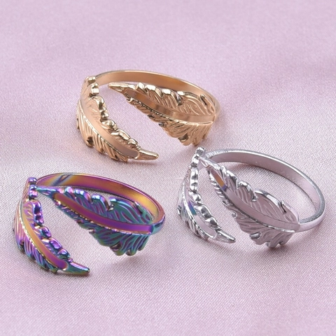 Anello Aperto in Acciaio Inossidabile Vintage Piuma Regolabile con Trama a Foglia per Uomo Donna Gioielli di Moda Minimalisti