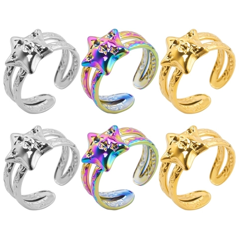 Minimalist Stainless Steel Star Open Ring Hammered Texture Adjustable Rhinestone Inlaid Fashion Jewelry For Women Men