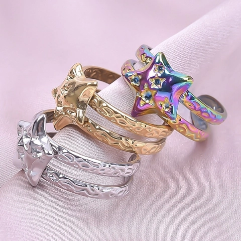 Minimalist Stainless Steel Star Open Ring Hammered Texture Adjustable Rhinestone Inlaid Fashion Jewelry For Women Men