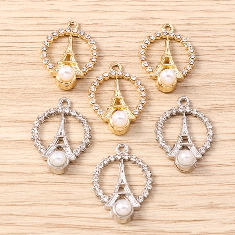 Legierung Eiffelturm Strass Anhänger Mit Künstliche Perle Rund Rahmen Charms Für DIY Schmuckherstellung Zubehör Für Damen