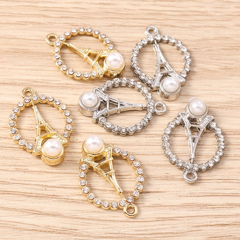 Legierung Eiffelturm Strass Anhänger Mit Künstliche Perle Rund Rahmen Charms Für DIY Schmuckherstellung Zubehör Für Damen
