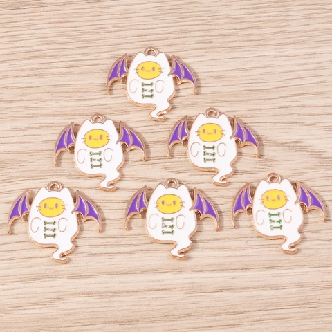 Alloy Halloween Cat Ghost Pendants With Purple Bat Wings Enamel Drip Oil Charms For DIY Necklace Bracelet Jewelry Making