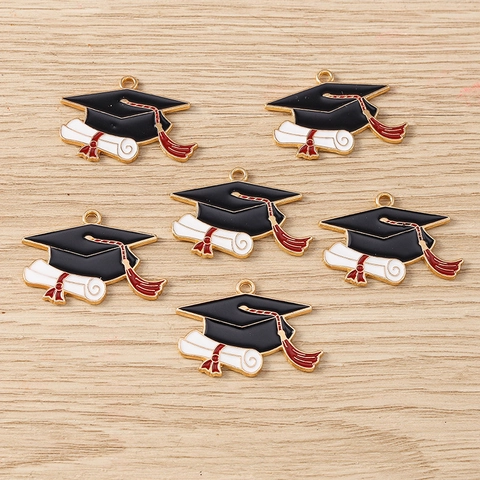 Graduation Cap And Diploma Scroll Charm Alloy Enamel Pendant For DIY Jewelry Making Academic Graduation Party Gift