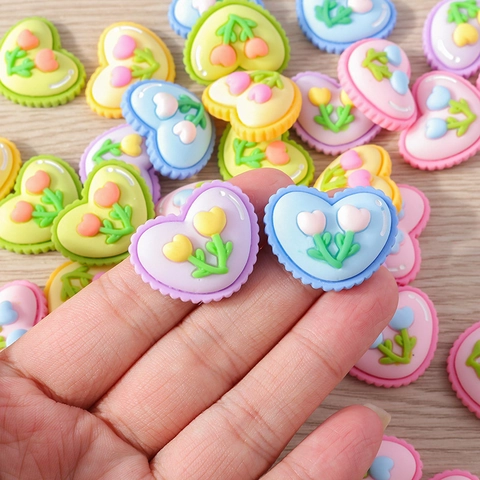 Cartoon Resin Heart Tulip Charms Mixed Color Relief Flower DIY Craft Accessories For Jewelry Making Scrapbooking Phone Case Decor