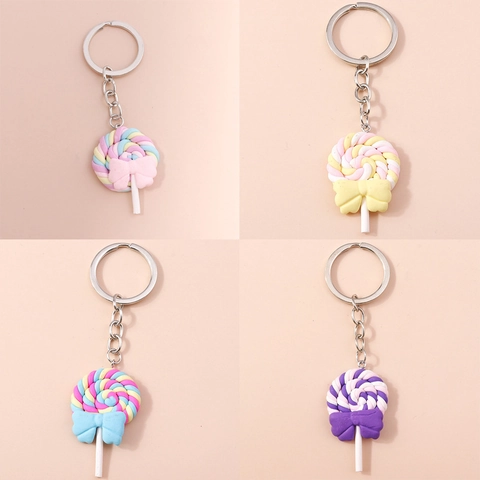 Sweet Simulation Lollipop Keychain Resin Spiral Candy Keyring With Bow Knot Zinc Alloy Pendant Bag Charm For Women Gift