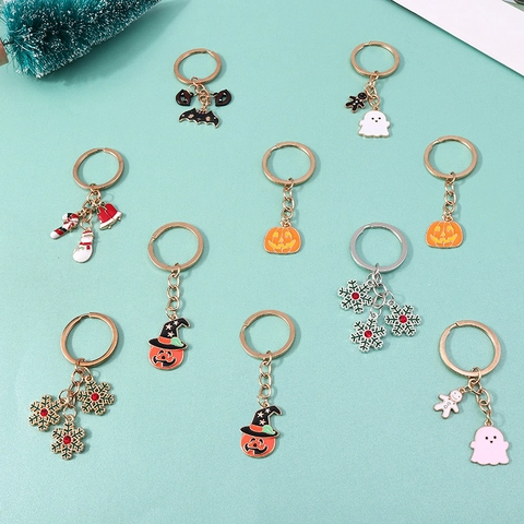 Cartoon Halloween Pumpkin Ghost Keychain Christmas Snowflake Rhinestone Alloy Enamel Bag Pendant Accessories Festive Holiday Gift