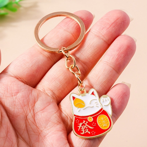 Porte-clés Chat de la Chance Style Chinois Alliage de Zinc Émail Maneki Neko Pendentif de Sac Anneau de Clé Cadeau pour Amis