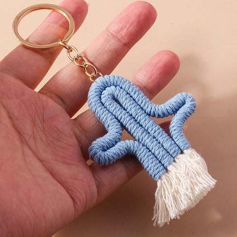 Porte-clés Cactus Tricoté en Corde de Coton Fait Main Avec Gland Pendentif de Sac Style Bohème Créatif Cadeau Femme Fille