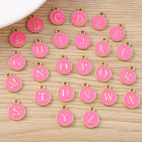 Rosa Emaille Runde Englische Alphabet Buchstaben Anhänger Zinklegierung Vergoldete Anhänger Für DIY Halskette Armband Schmuckherstellung Zubehör