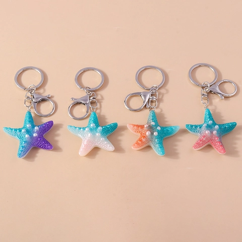 Portachiavi Creativo a Stella Marina in Resina Colore Sfumato Pendente per Zaino Con Finta Perla Artificial Simpatico Animale Marino Regalo