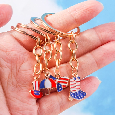 Patriottische Zinklegering Sleutelhanger Set Amerikaanse Vlag Elementen Hoge Hoed Strik Paraplu En Laars Emaille Bag Charms