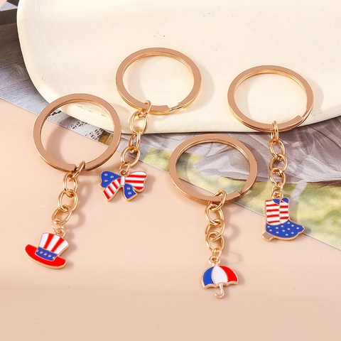 Patriottische Zinklegering Sleutelhanger Set Amerikaanse Vlag Elementen Hoge Hoed Strik Paraplu En Laars Emaille Bag Charms