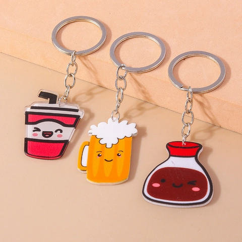 Mignon Ensemble de Porte-clés en Acrylique Boisson de Dessin Animé Simulation Bière Thé au Lait Pendentif de Sac Cadeau