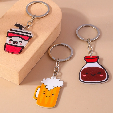 Mignon Ensemble de Porte-clés en Acrylique Boisson de Dessin Animé Simulation Bière Thé au Lait Pendentif de Sac Cadeau