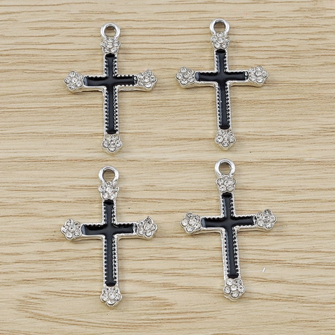 Gothic Zinklegierung Blume Kreuz Anhänger Mit Schwarzer Emaille Und Weißen Strass DIY Schmuckherstellung Halskette Damen