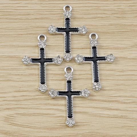 Gothic Zinklegierung Blume Kreuz Anhänger Mit Schwarzer Emaille Und Weißen Strass DIY Schmuckherstellung Halskette Damen