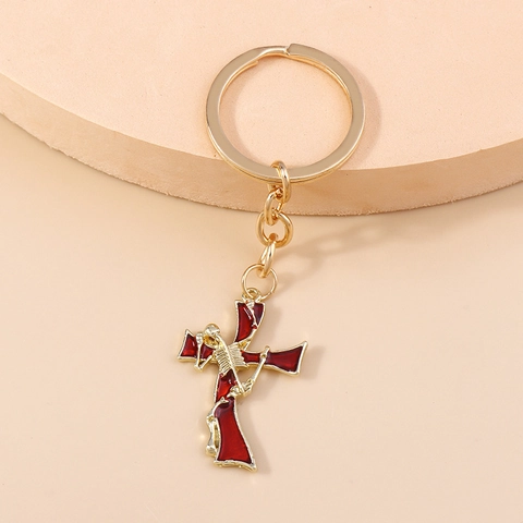 Portachiavi con Croce e Teschio Gothic Punk Smalto Rosso Metallo Portachiavi per Ciondolo Zaino Accessori Festa di Halloween