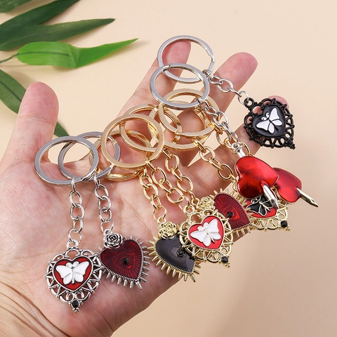 Vintage Gothic Enamel Heart Butterfly Keychain Alloy Metal Dagger Rose Eye Bag Pendant For Women Jewelry Gift Charm